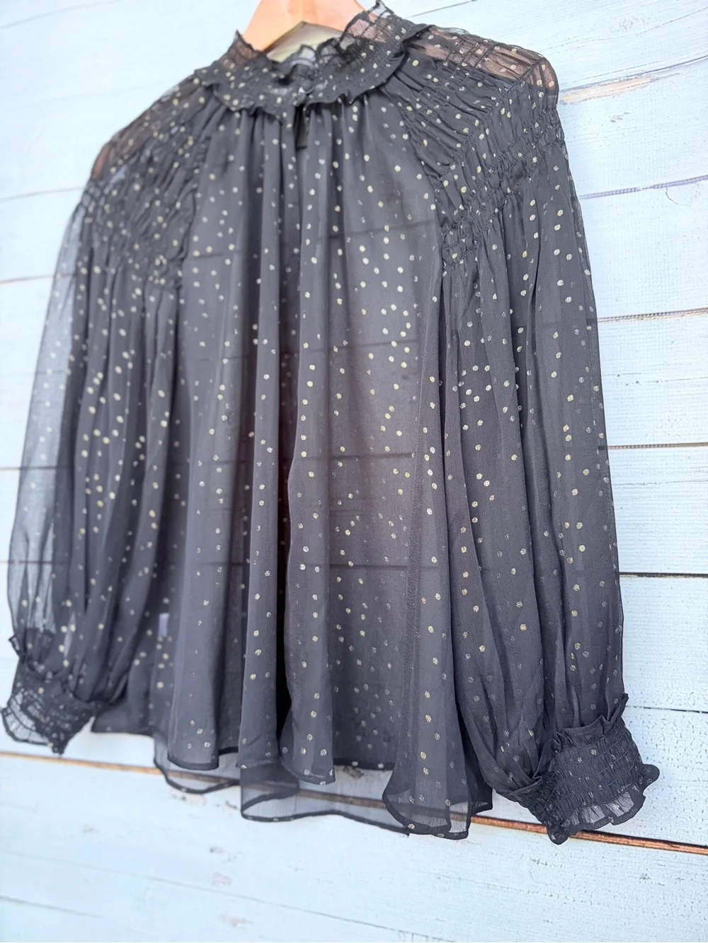 LOFT Black Sheer Blouse with Gold Dot Print
